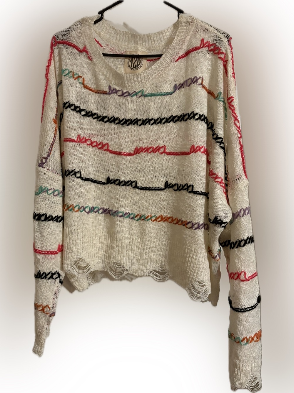 Ivory Crewneck Sweater with Multicolor Stitch Detail